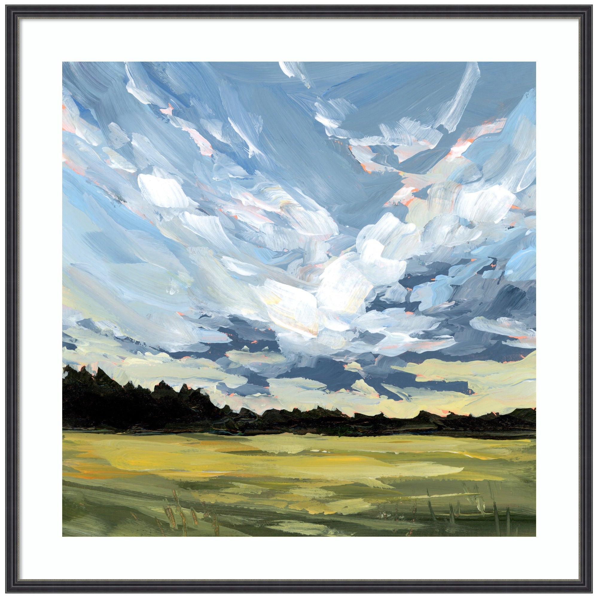 Framed print 'Before The Storm' by Emily Kenney showing broad brushstrokes of sky and field in rustic black narrow frame