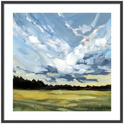 Framed print 'Before The Storm' by Emily Kenney showing broad brushstrokes of sky and field in rustic black narrow frame