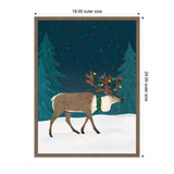 Illustration of a brown reindeer with decorated antlers and a green wreath in a snowy forest under a dark blue starry sky, framed in light wood.
