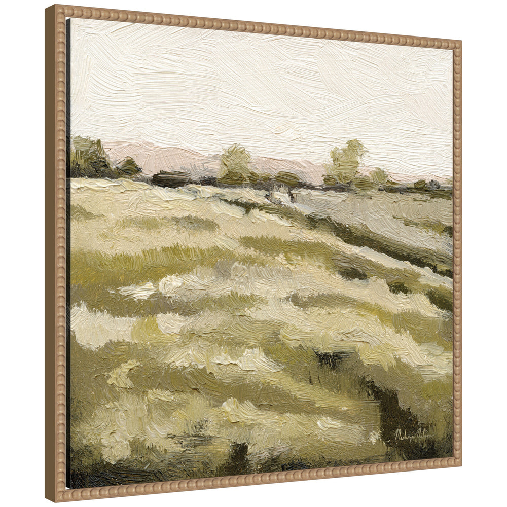 Petit Views No 10 framed canvas art print depicting a serene landscape with textured fields and trees under a soft sky in a rustic natural beaded wood frame