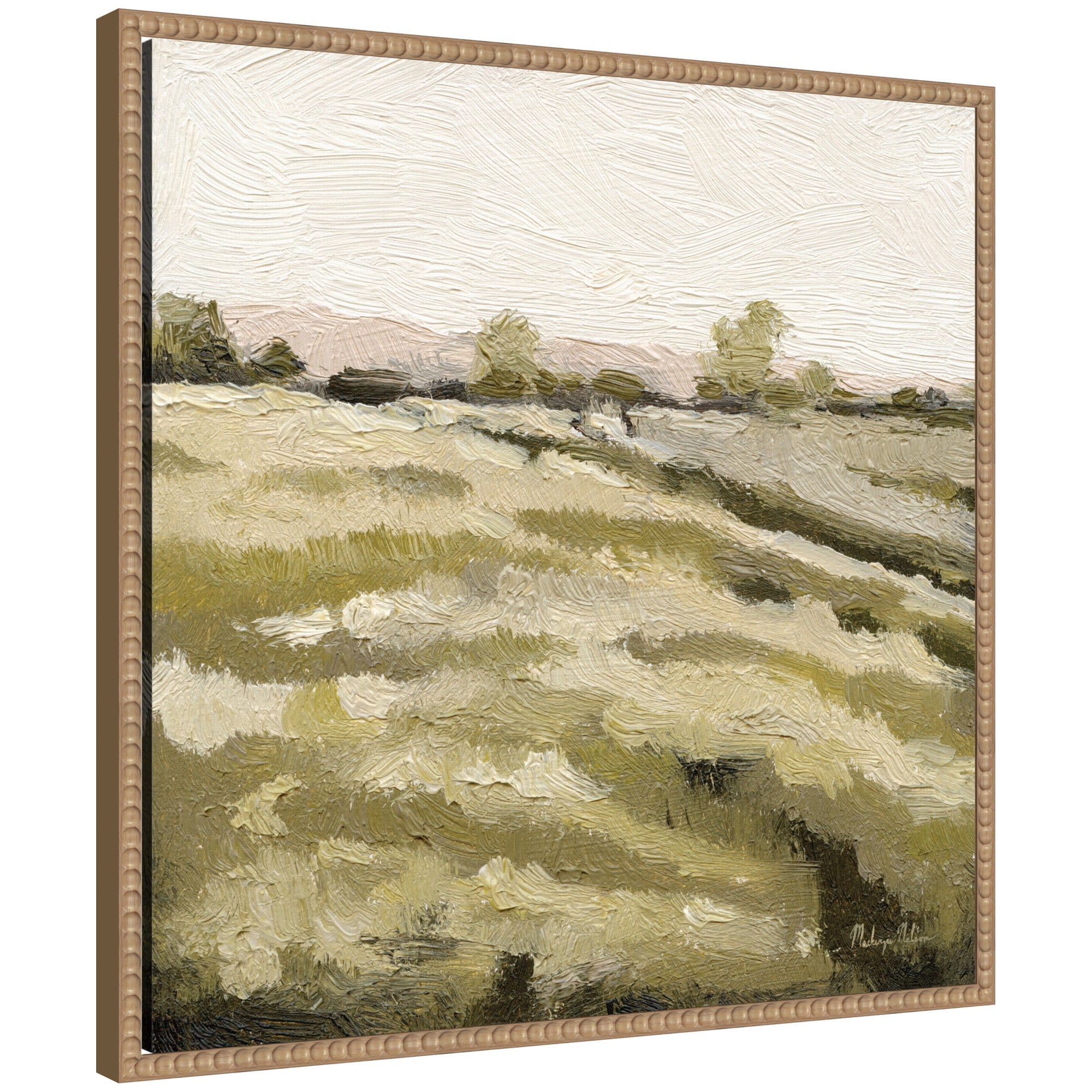 Petit Views No 10 framed canvas art print depicting a serene landscape with textured fields and trees under a soft sky in a rustic natural beaded wood frame