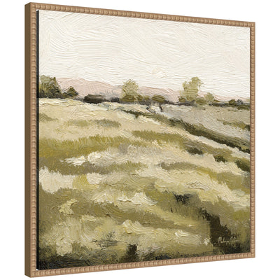 Petit Views No 10 framed canvas art print depicting a serene landscape with textured fields and trees under a soft sky in a rustic natural beaded wood frame