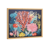 Framed print featuring bright coral shapes in red, pink, and yellow against a dark blue background with various abstract seaweed forms in blue and green hues.