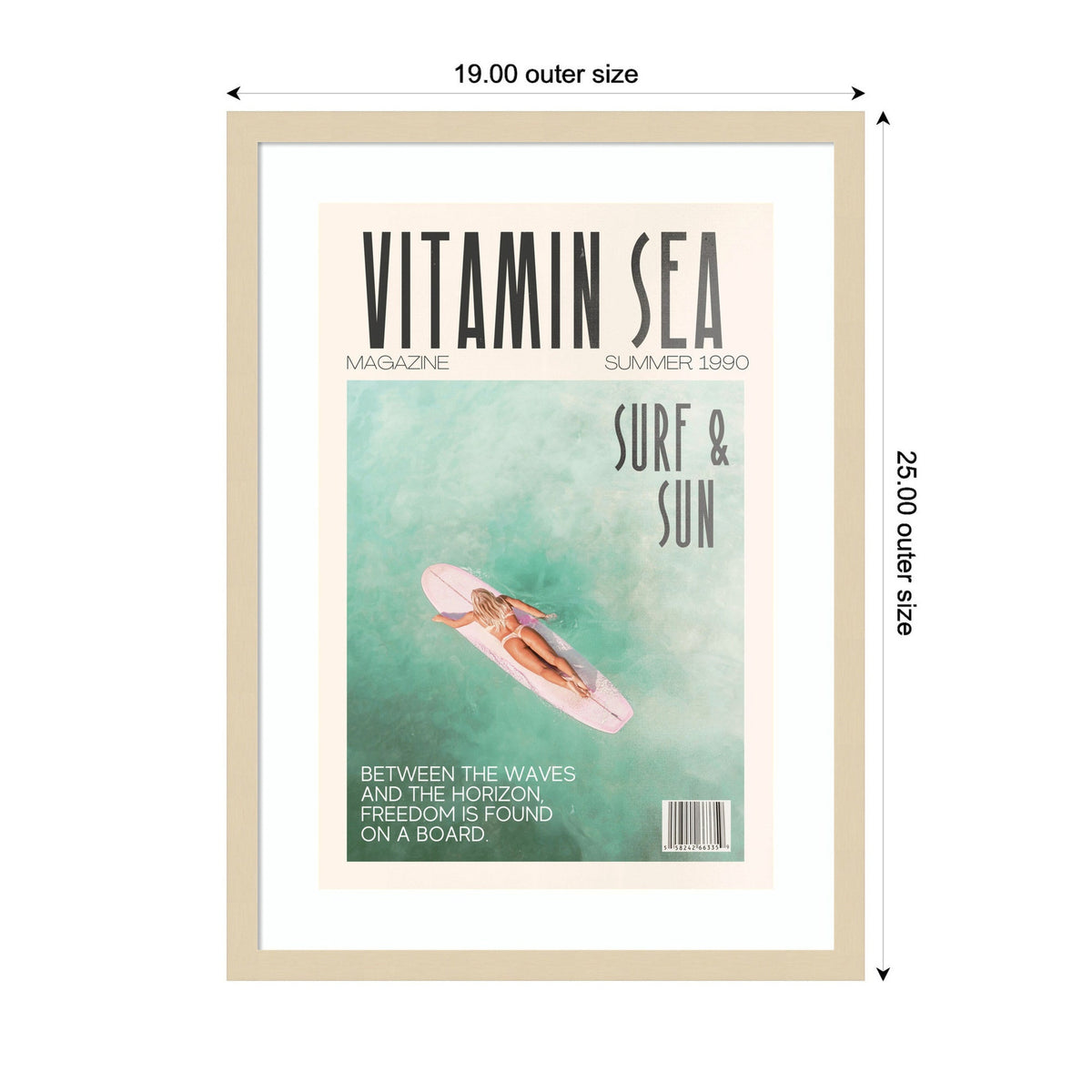 Framed print titled 'Vitamin Sea' featuring a person lying on a surfboard in teal water, with text 'Surf & Sun' and a quote at bottom left.