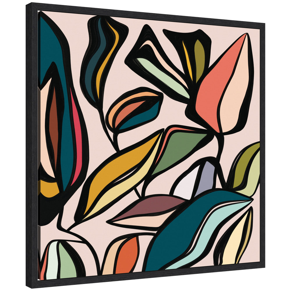 Framed canvas wall art print titled Fanciful Ficus SQ Expansion by Alicia Bock featuring vibrant abstract leaf shapes with bold black outlines