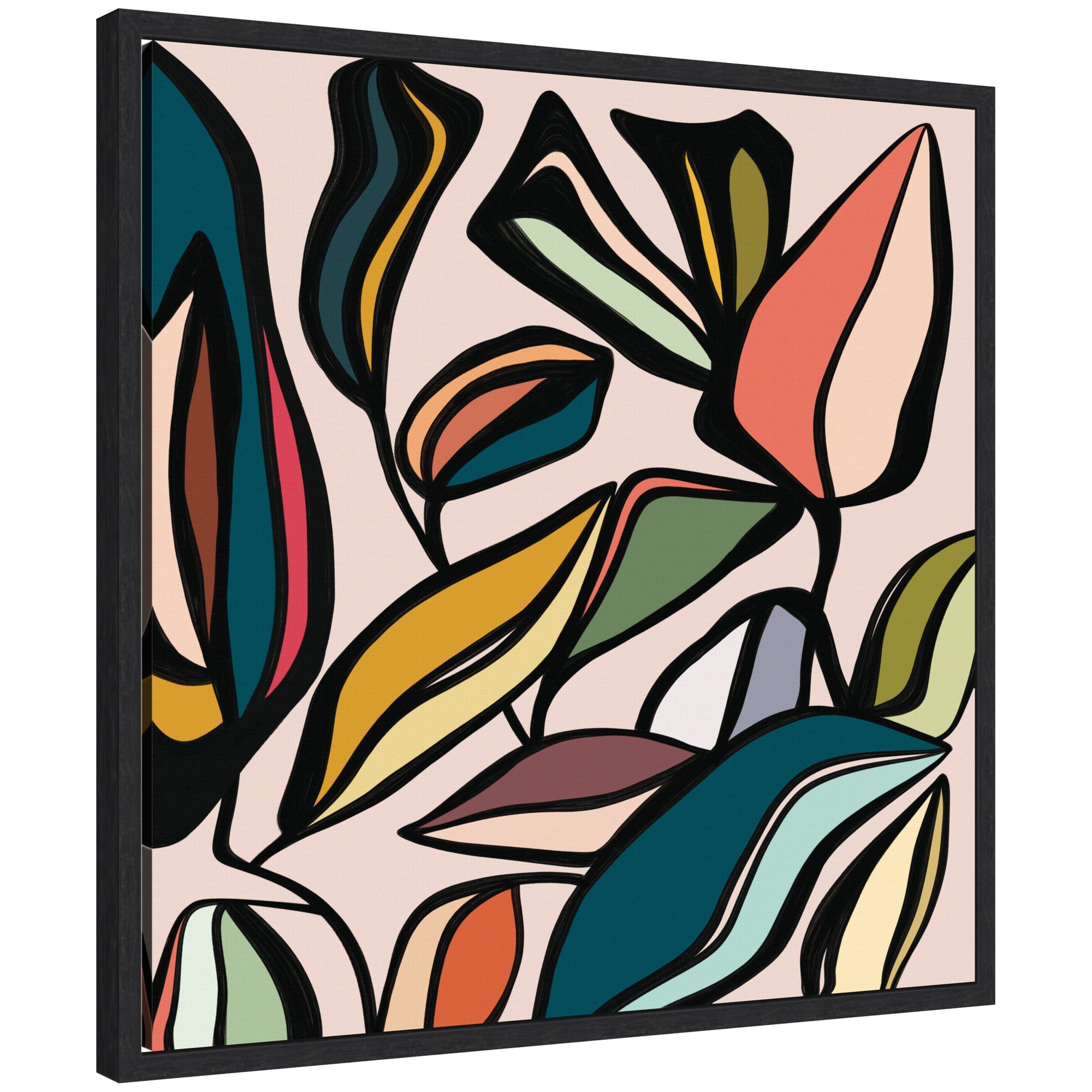 Framed canvas wall art print titled Fanciful Ficus SQ Expansion by Alicia Bock featuring vibrant abstract leaf shapes with bold black outlines