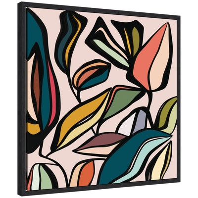 Framed canvas wall art print titled Fanciful Ficus SQ Expansion by Alicia Bock featuring vibrant abstract leaf shapes with bold black outlines
