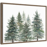 Framed canvas artwork showing a watercolor image of pines and evergreens in varying green tones with soft background fading.