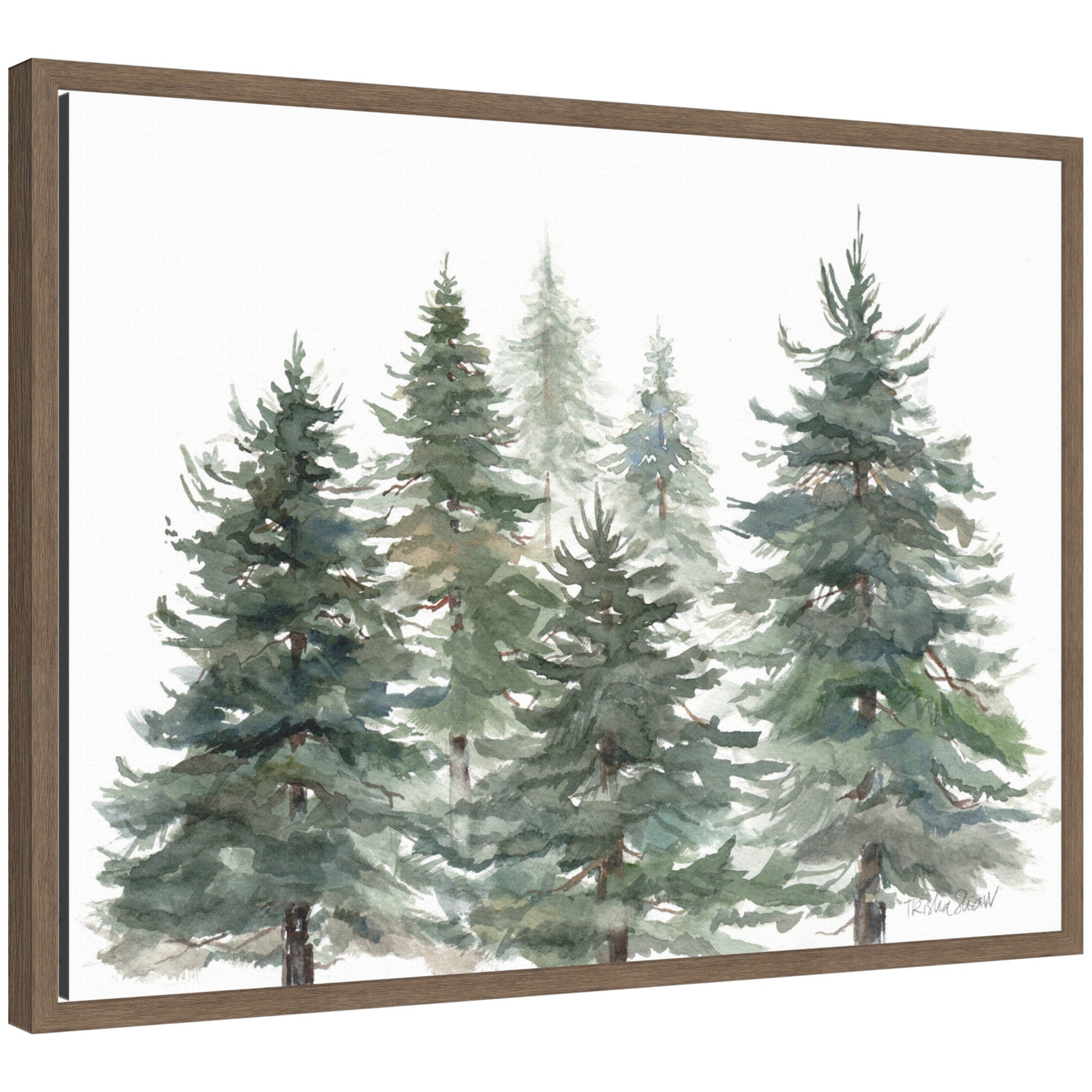 Framed canvas artwork showing a watercolor image of pines and evergreens in varying green tones with soft background fading.