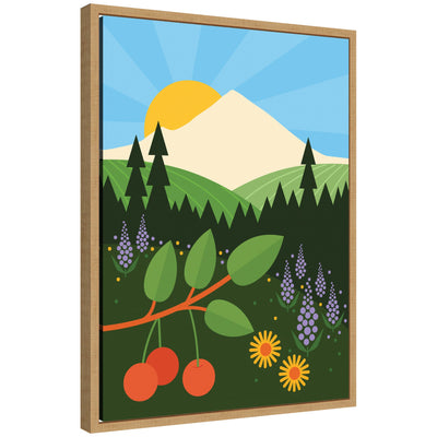 Framed canvas art titled Sylvie Mount Hood by Amber Leaders showing an atmospheric layered landscape with trees and mountains