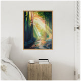 Framed canvas painting of a sunlit forest path with golden rays filtering through green and blue trees, hanging on a white wall above a rustic wooden bedside table.