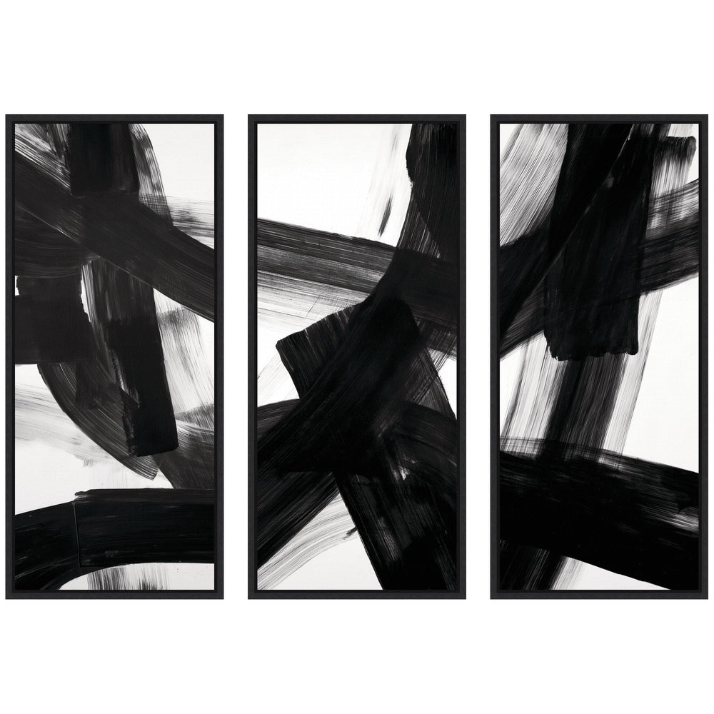 Black Mark No.
1, No.
2, & No.
3 three-piece framed canvas wall art set by Amy Lighthall, shown with black Sylvie frames