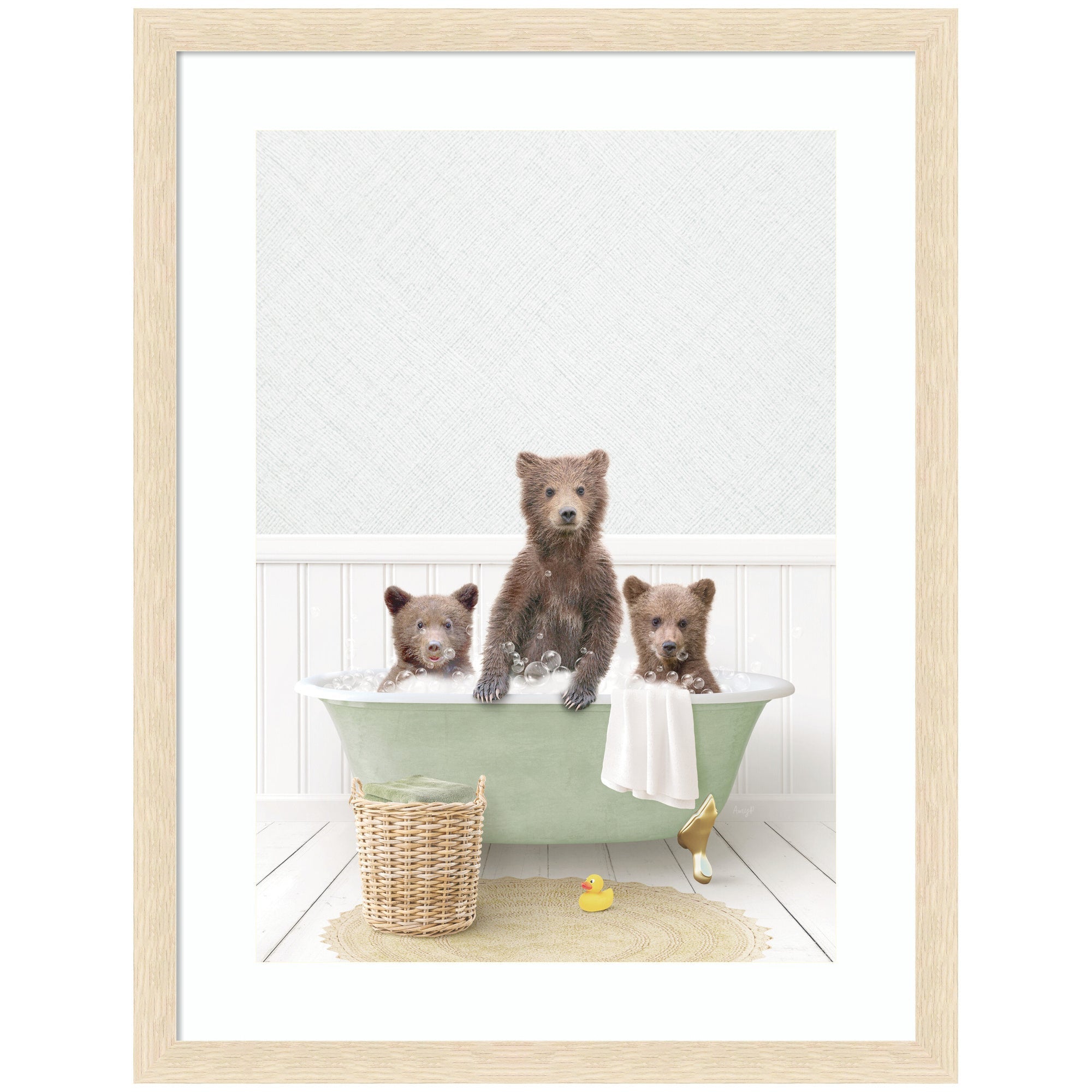 Framed wall art print of three bear cubs in a green bath scene by Amy Peterson
