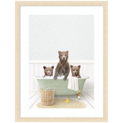 Framed wall art print of three bear cubs in a green bath scene by Amy Peterson