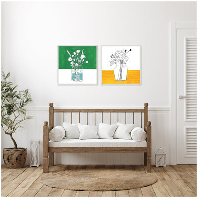 Sylvie Beaded Minimalist Floral Vase Green and Yellow Framed Canvas Art Set by Teju Reval