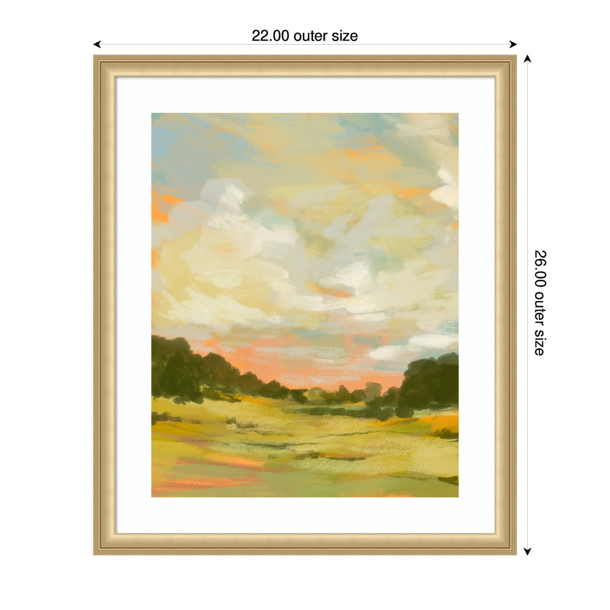 Impressionistic landscape painting with a soft pastel sky, fluffy clouds, and green fields bordered by dark tree silhouettes in a beige frame.