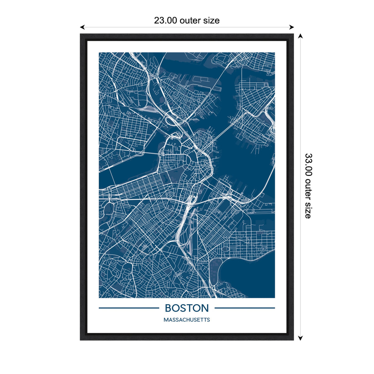 Framed blue and white map of Boston, Massachusetts, with detailed street and highway lines showing the city's layout on a blue background.