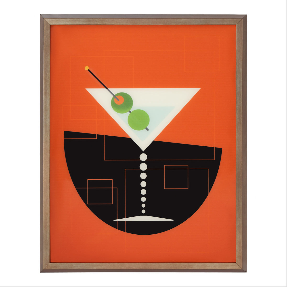 Abstract framed art featuring a white triangular martini glass with two green olives on a stick, set against a bold orange and black geometric background.
