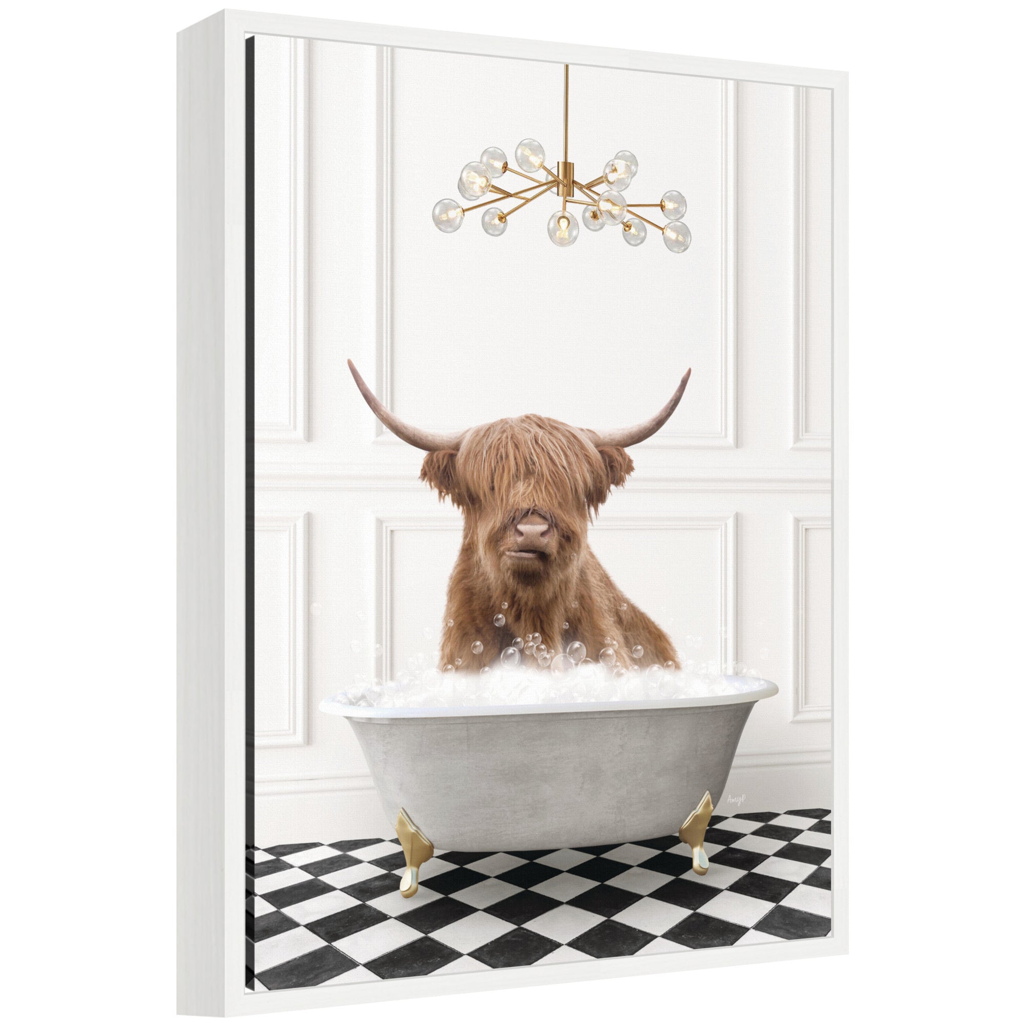 Framed canvas art of a Highland Cow named Sylvie sitting in a gray bathtub on a checker floor