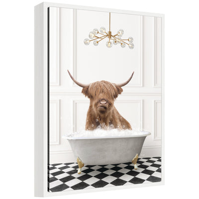 Framed canvas art of a Highland Cow named Sylvie sitting in a gray bathtub on a checker floor