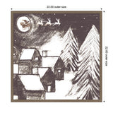 Monochrome charcoal-style drawing of snow-covered houses and two tall pine trees with Santa’s sleigh and reindeer flying past a full moon in a night sky.