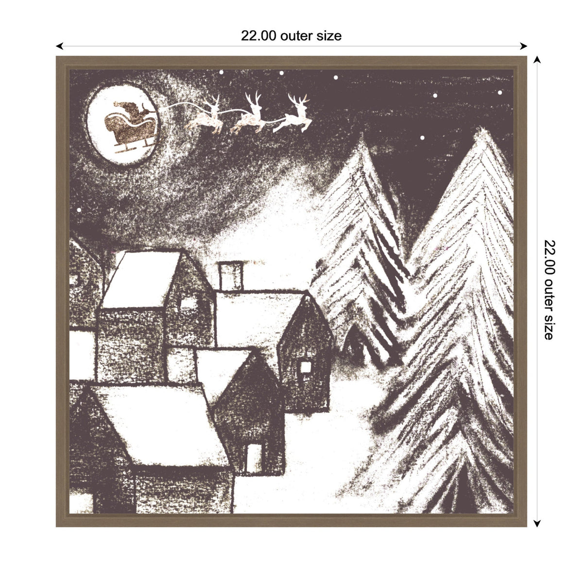 Monochrome charcoal-style drawing of snow-covered houses and two tall pine trees with Santa’s sleigh and reindeer flying past a full moon in a night sky.