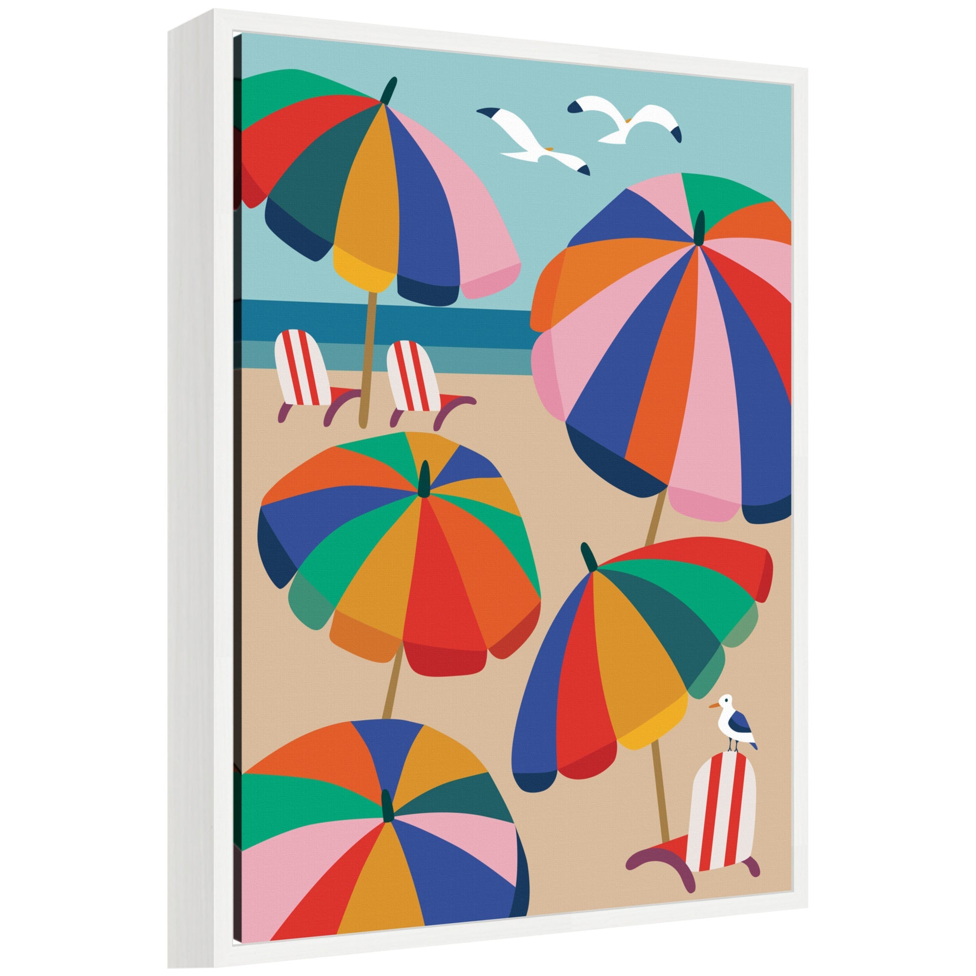 Framed canvas art print of coastal beach umbrellas by Rachel Lee