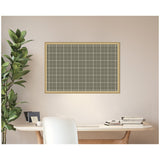 Rectangular framed pinboard with sage green plaid fabric, featuring thin white grid lines, hanging on a beige wall above a wooden desk and white chair.