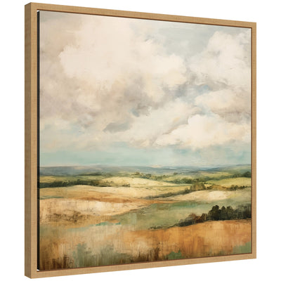 Sylvie Rolling Hills Abstract Landscape framed canvas art showcasing soft layered hills in brown and blue tones.