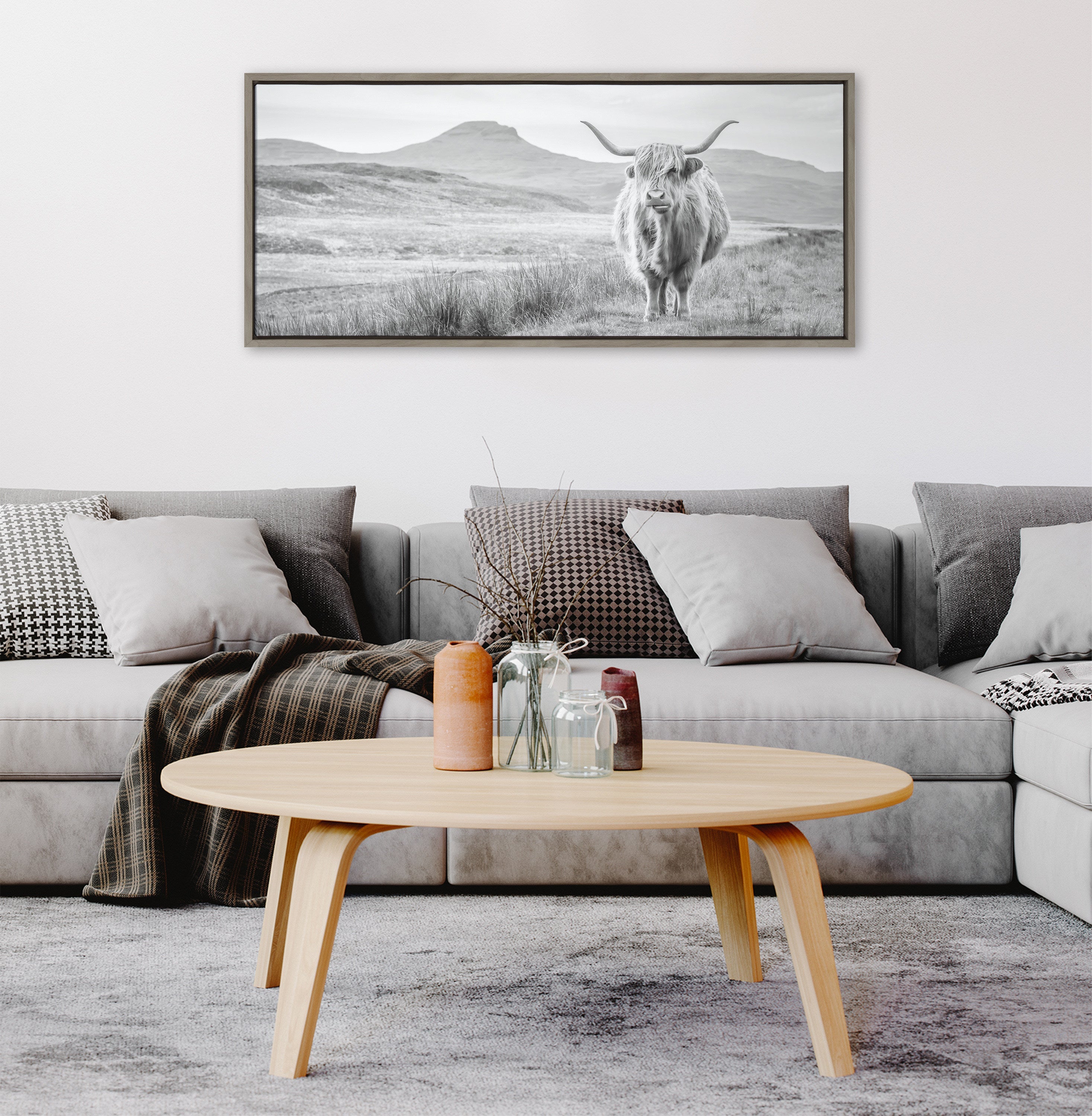 Sylvie Highland Cow Mountain Landscape Black and White Framed Canvas by