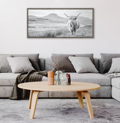 Sylvie Highland Cow Mountain Landscape Black and White Framed Canvas by
