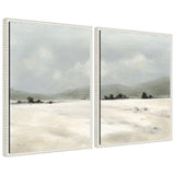Two framed canvas art pieces depicting a serene misty landscape in soft pastels by Mackenzie Nelson