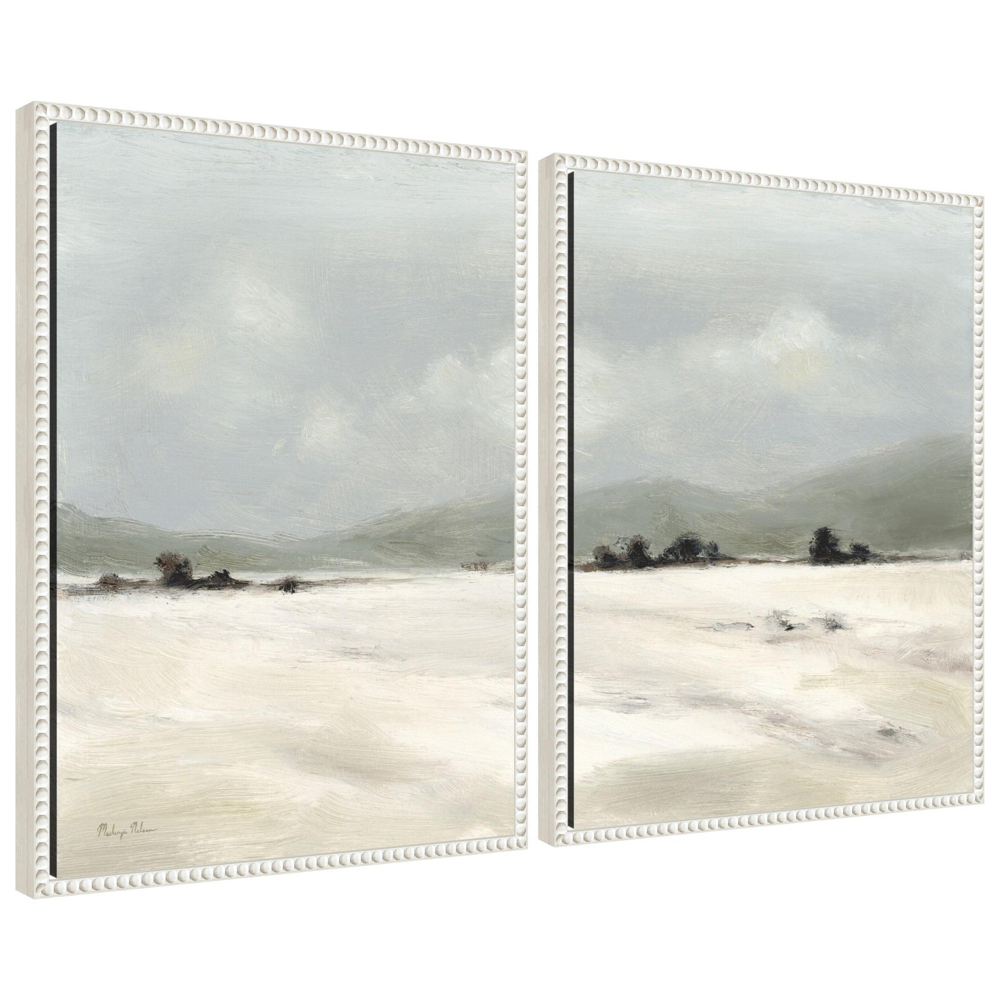Two framed canvas art pieces depicting a serene misty landscape in soft pastels by Mackenzie Nelson