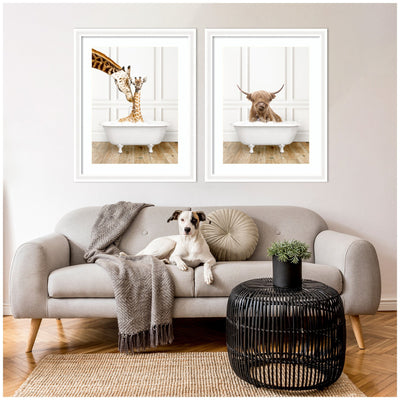 Highland Cow & Giraffe in Traditional Bathtub 2 Piece Framed Wall Art Print Set by Amy Peterson