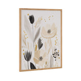 Floral abstract print featuring large cream and black flowers with delicate gray and gold leaves and dots on a white background, framed in light wood.
