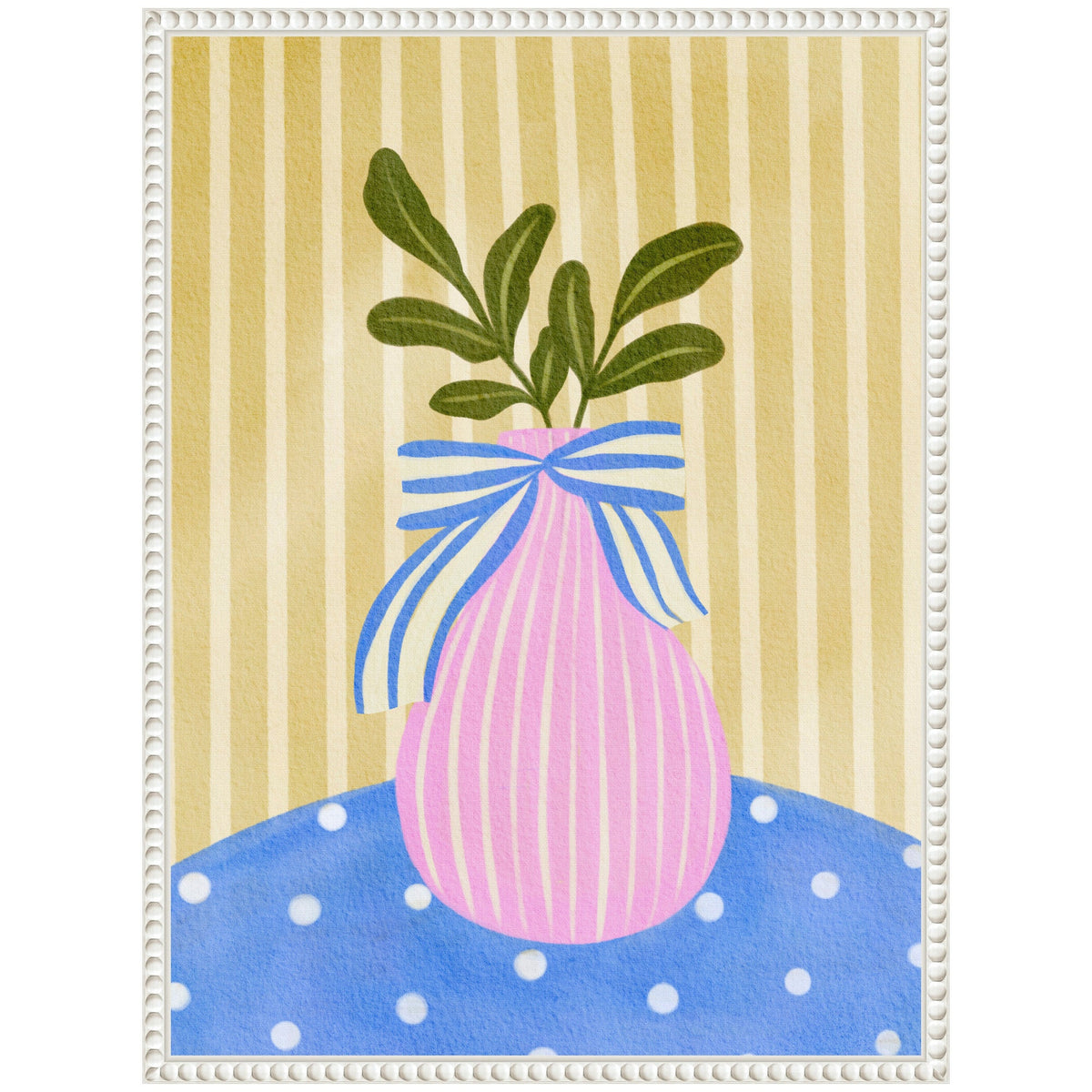 Pink vase with vertical white stripes and blue-and-white striped bow, holding green leaves, set against vertical beige stripes and a blue polka-dot tablecloth.