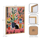 Colorful illustration of varied potted plants on shelves with a small black cat sitting among them, framed in a natural oak wood frame with gold finish.