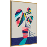 Sylvie MCM Blue and Pink Monstera framed canvas art featuring abstract monstera leaf shapes in blue and pink hues