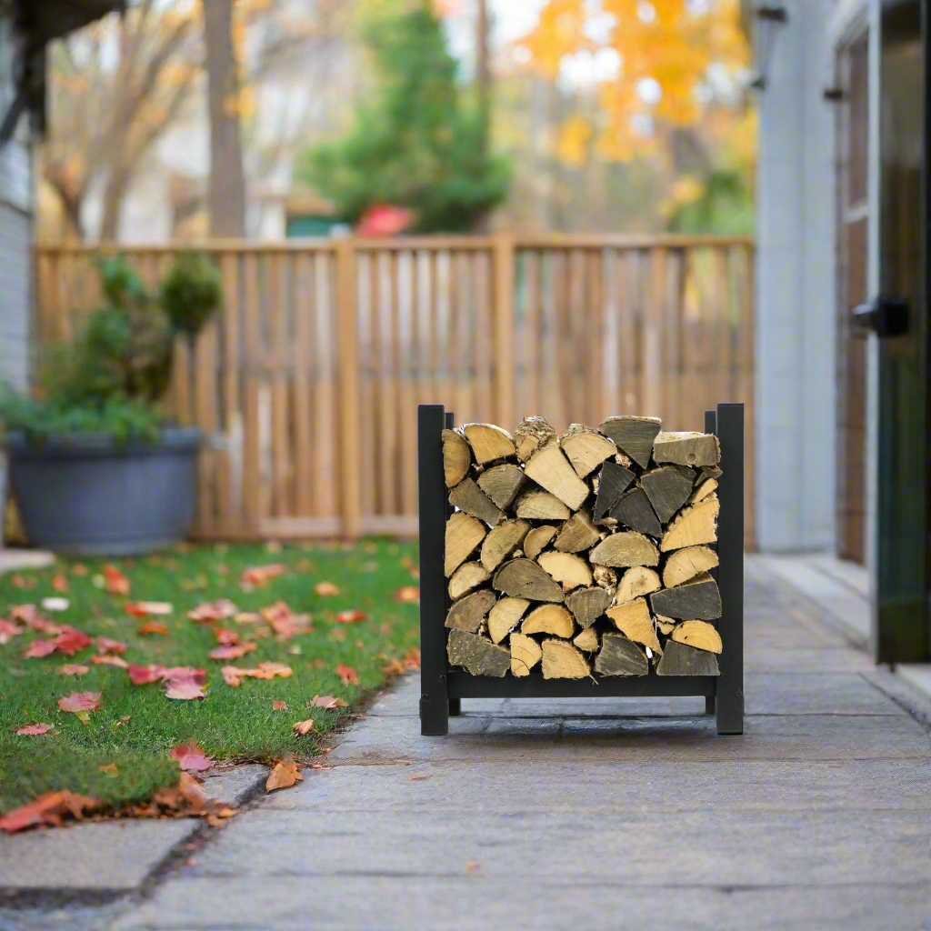 Woodhaven 2 ft Steel Firewood Rack in black with optional cover and support bases