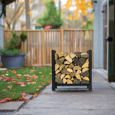 Woodhaven 2 ft Steel Firewood Rack in black with optional cover and support bases