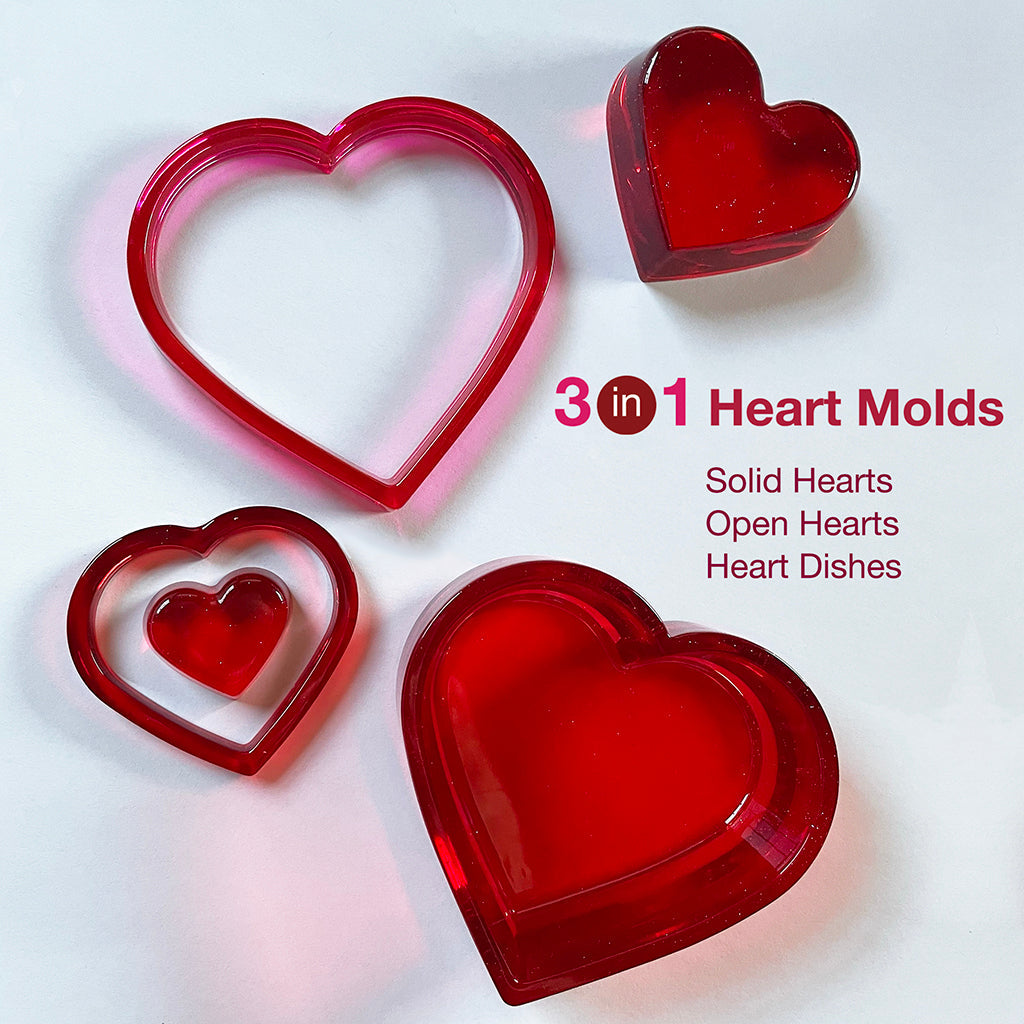3-in-1 Heart Molds Set (super shiny silicone, make solid hearts, open hearts, and heart dishes in 4 sizes) by Little