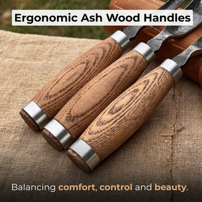 3-Piece Bent Gouge Set with hand-forged carbon steel blades and ash wood handles