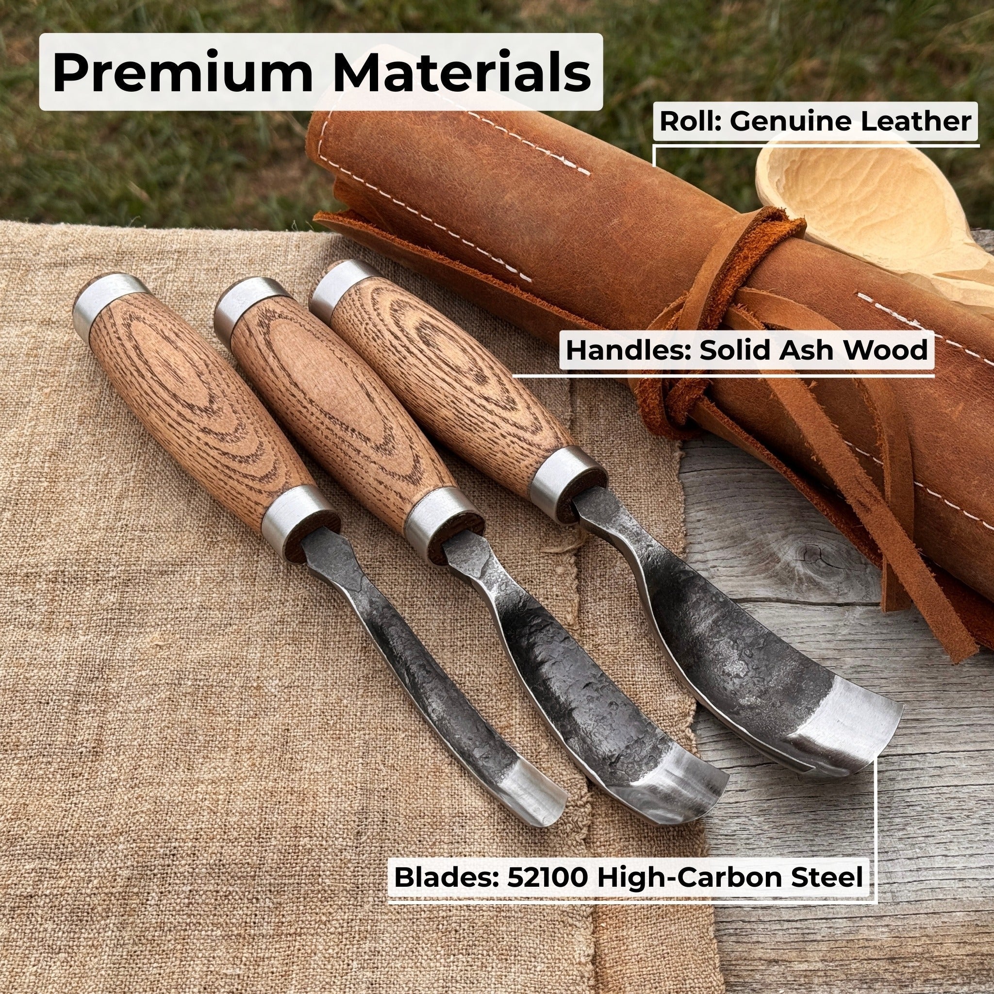 3-Piece Bent Gouge Set with hand-forged carbon steel blades and ash wood handles