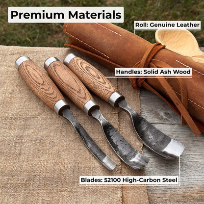 3-Piece Bent Gouge Set with hand-forged carbon steel blades and ash wood handles