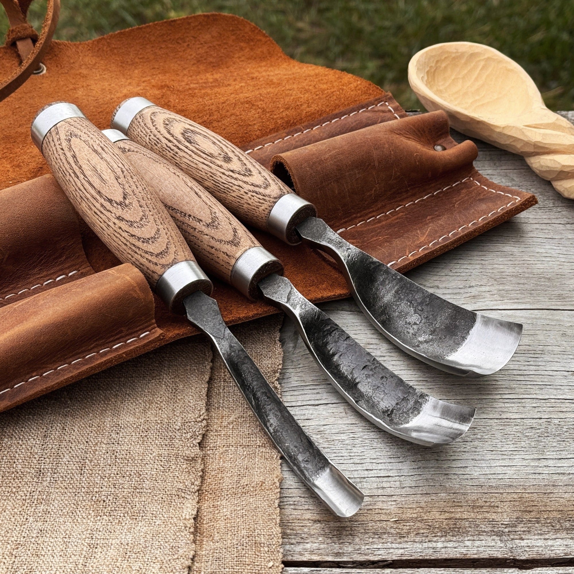 3-Piece Bent Gouge Set with hand-forged carbon steel blades and ash wood handles