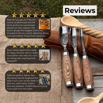 3-Piece Bent Gouge Set with hand-forged carbon steel blades and ash wood handles
