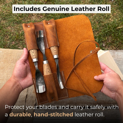 3-Piece Bent Gouge Set with hand-forged carbon steel blades and ash wood handles