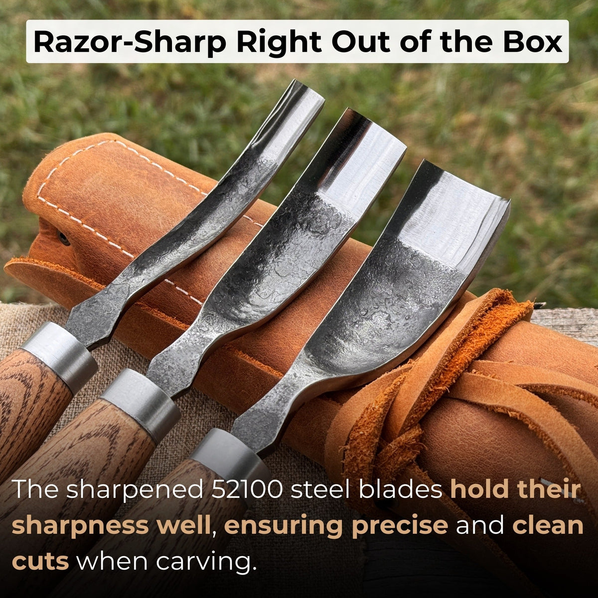 3-Piece Bent Gouge Set with hand-forged carbon steel blades and ash wood handles