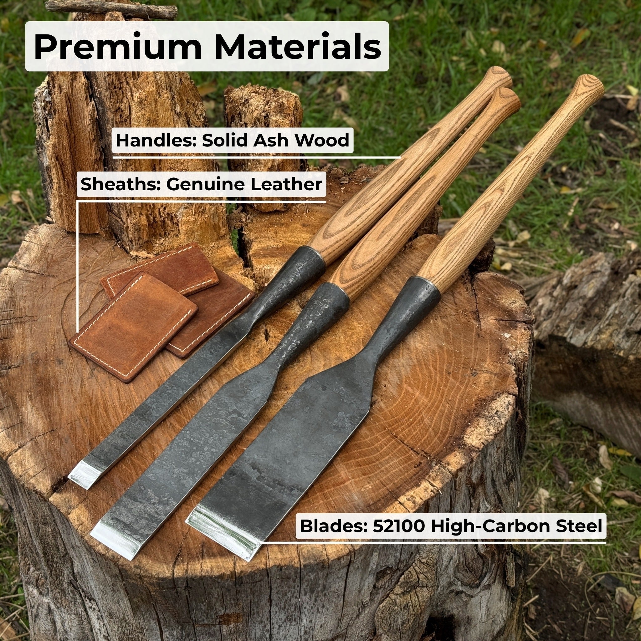 3-Piece Carpenters Slick Chisel Set with hand-forged steel blades and ash wood handles