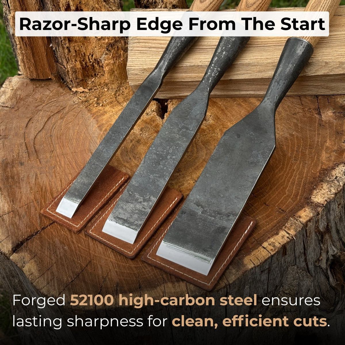 3-Piece Carpenters Slick Chisel Set with hand-forged steel blades and ash wood handles